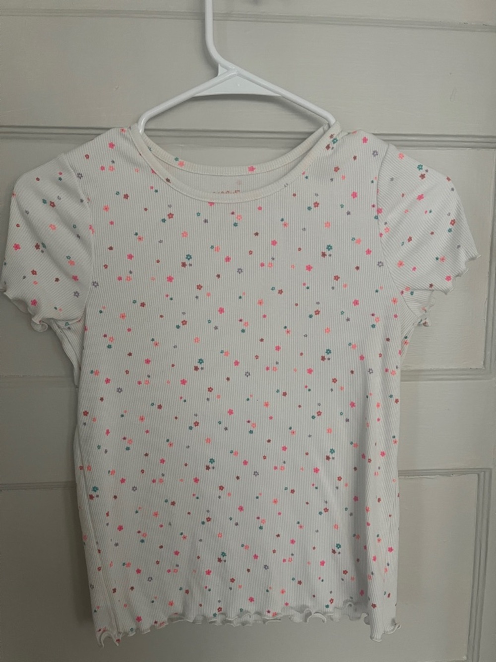 Cat & Jack White Ribbed Tee with Pink and Teal Floral Dots